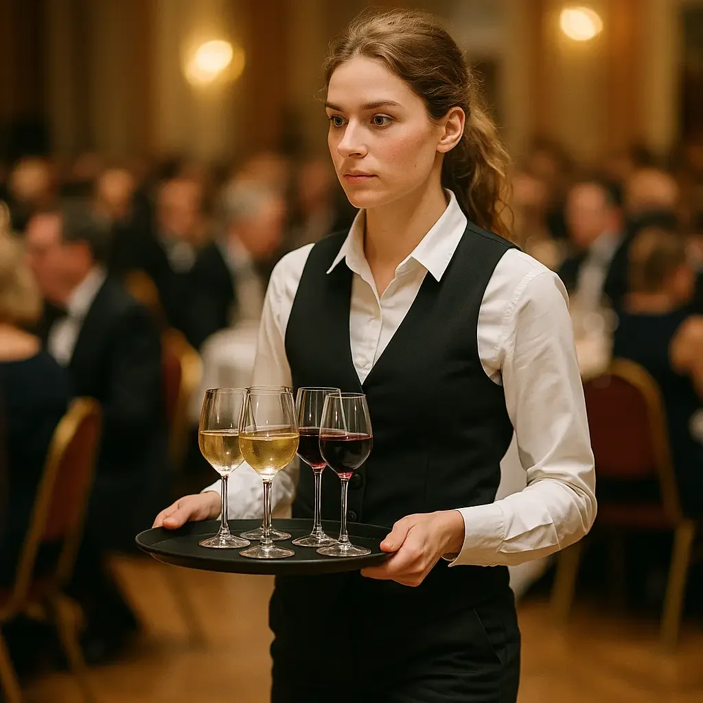 Servicekraft mit Tablett bei einer Gala