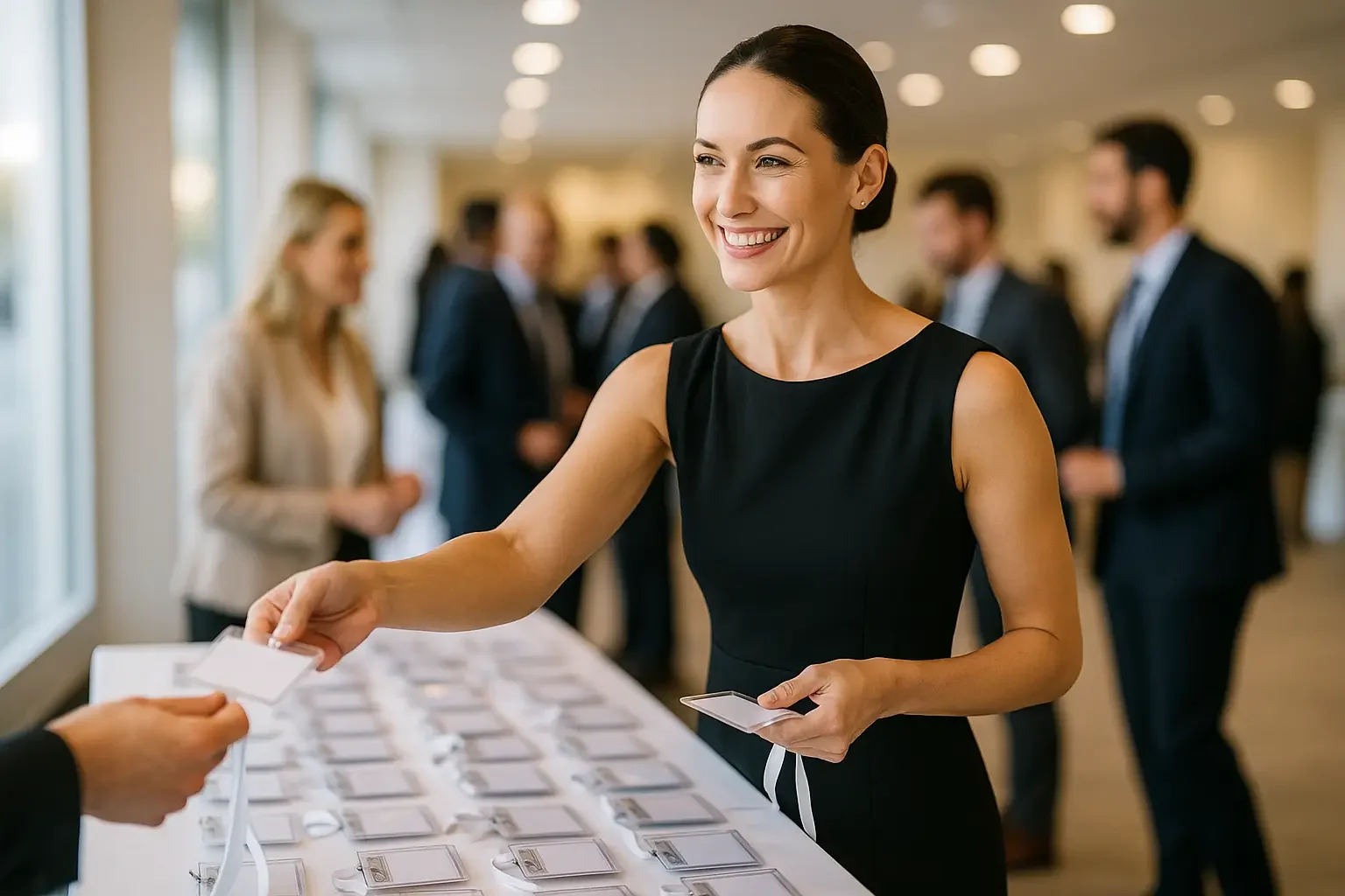 Hostess bei der Badge-Ausgabe