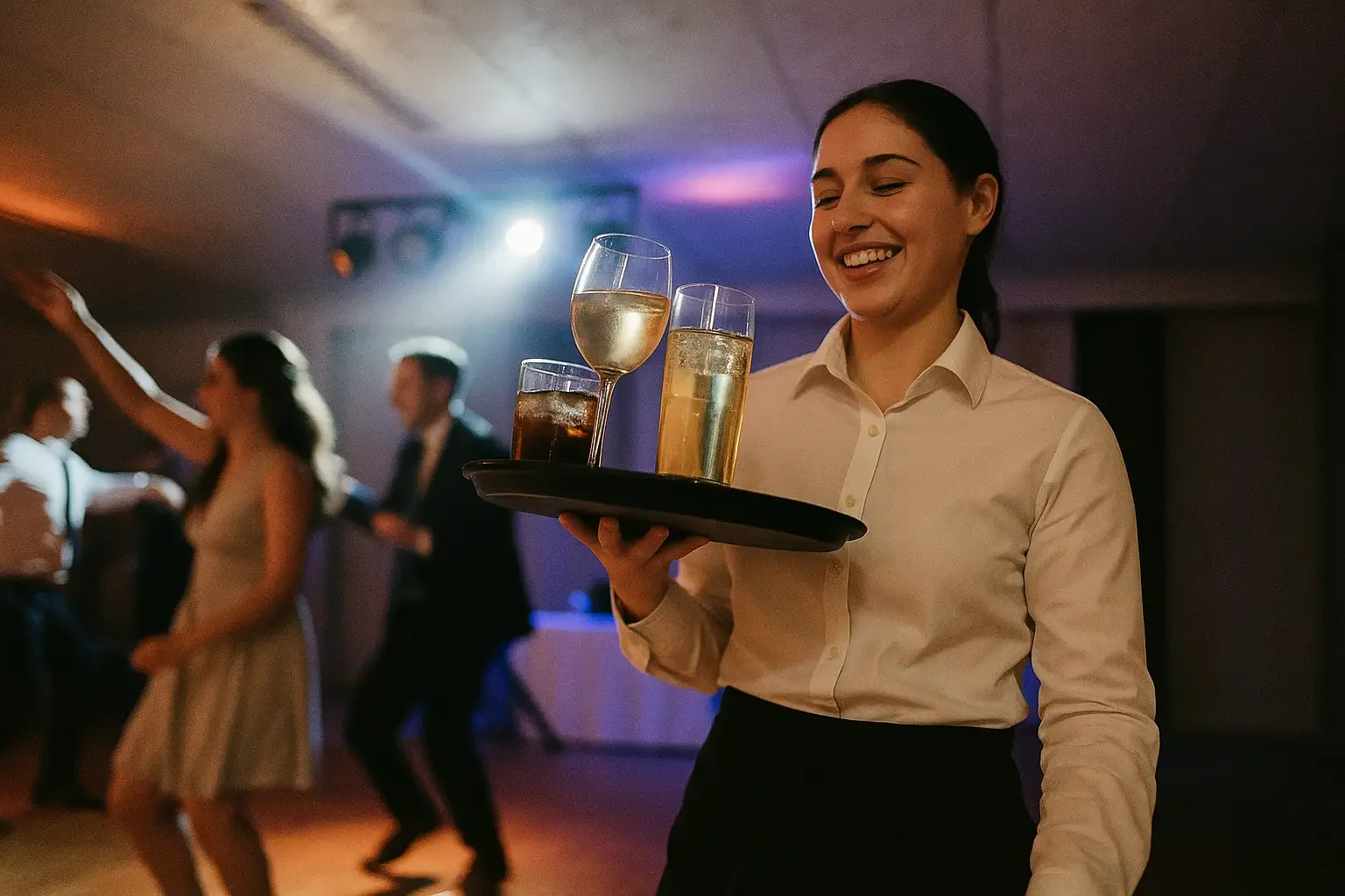 Kellnerin serviert Getränke auf einer Hochzeit