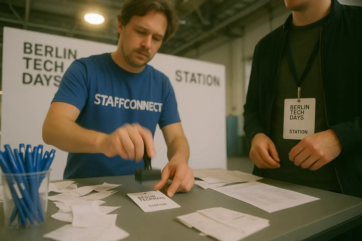 Check-in-Personal bei einem Tech-Event