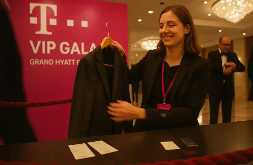 Die StaffConnect Garderoben Dame nimmt eine Jacke beim Telekom Event entgegen