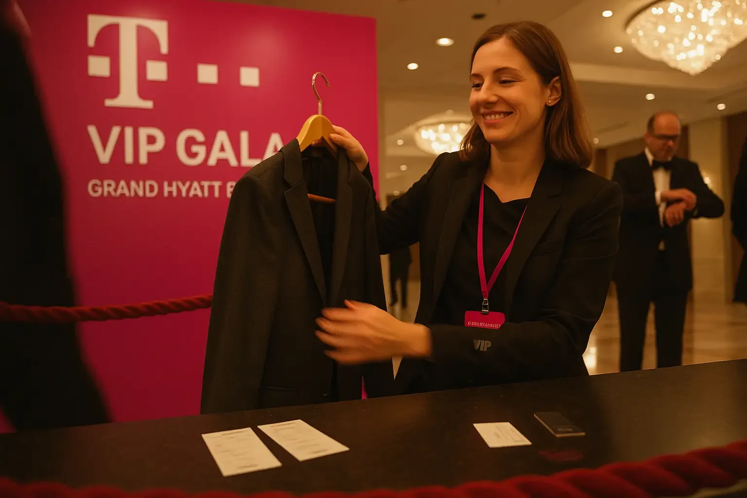 Garderobendame nimmt eine Jacke entgegen