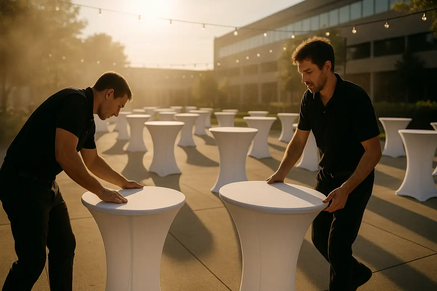 Two helpers setting up high tables shortly before an evening event starts