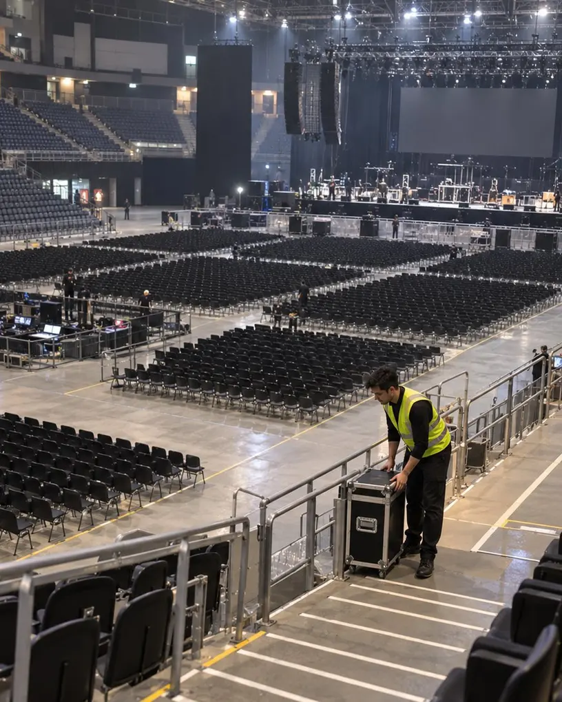 Set-up helper moves a flight case through an arena with rows of seating