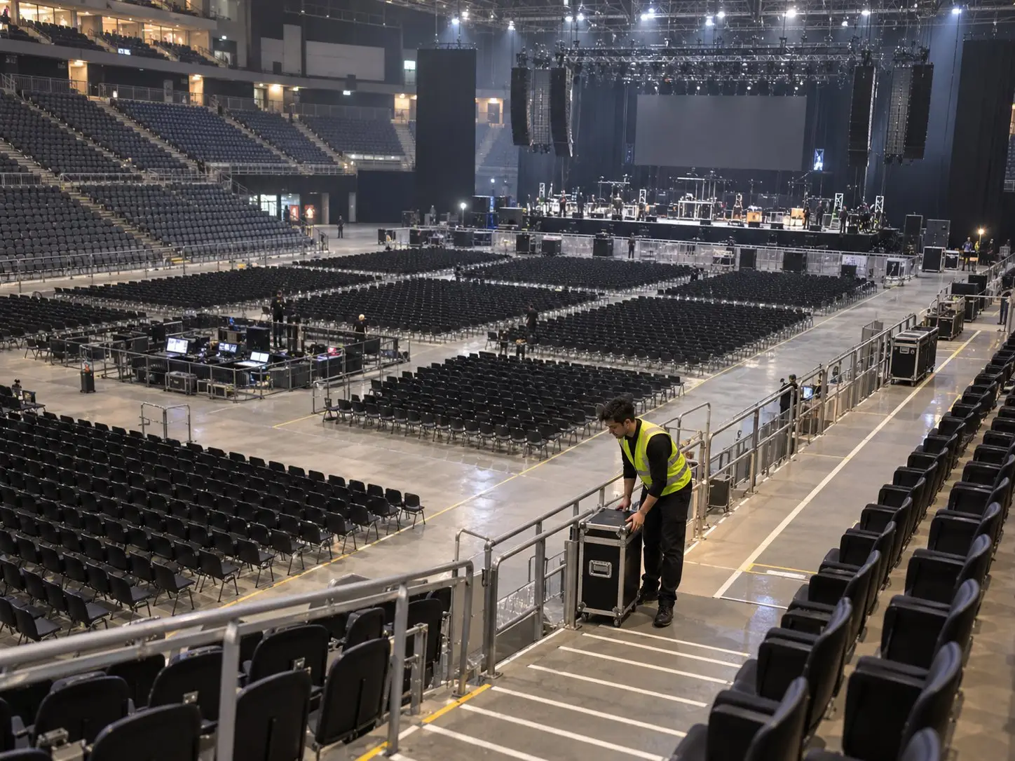 Aufbauhelfer in Warnweste schiebt in einer bestuhlten Arena ein Flightcase über den Rang, vorne wird die Bühne eingerichtet – Eventhelfer in Berlin