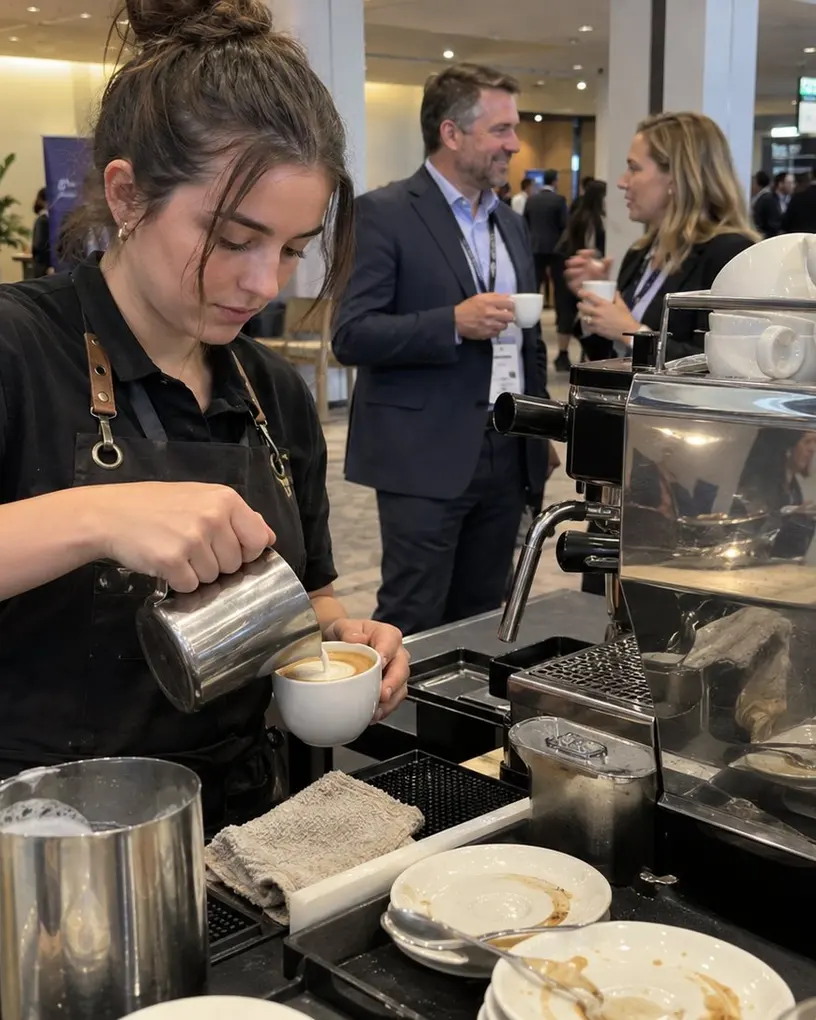 Barista gießt an der Kaffeebar eines Kongresses Milchschaum in einen Cappuccino, dahinter Teilnehmer im Gespräch – Barista mieten in Berlin