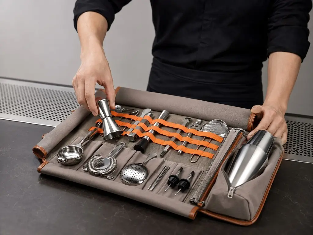Bartender in a black apron laying out his bar tools from a roll bag at an event bar
