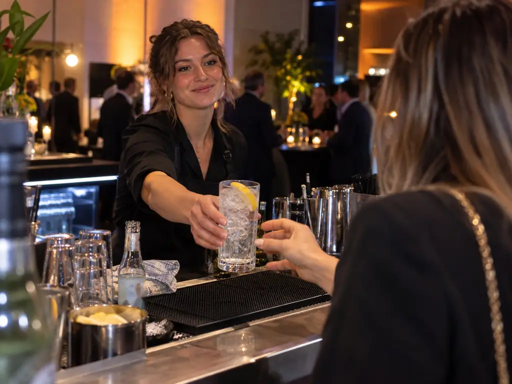 Bartender handing a long drink across the bar in the evening