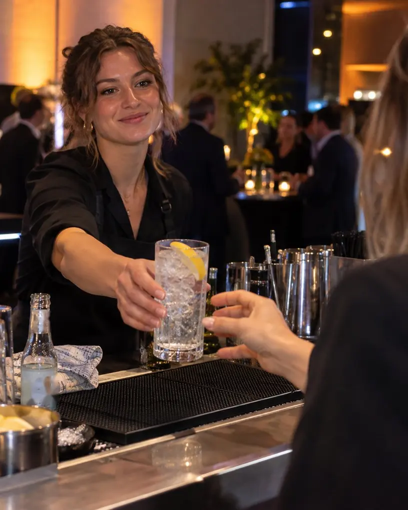Bartender hands a long drink with a slice of lemon across the bar at an evening reception