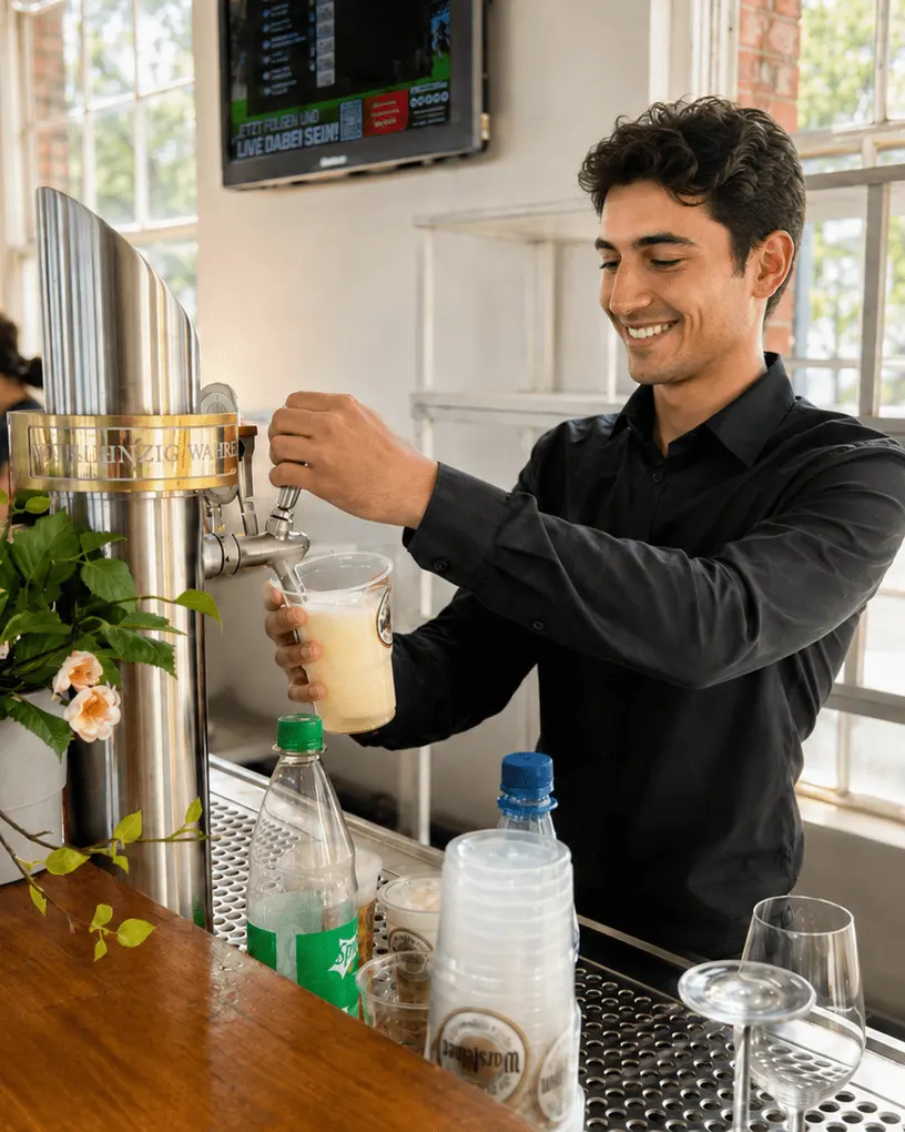 Bar staff pours a beer at the counter of a bright daytime venue