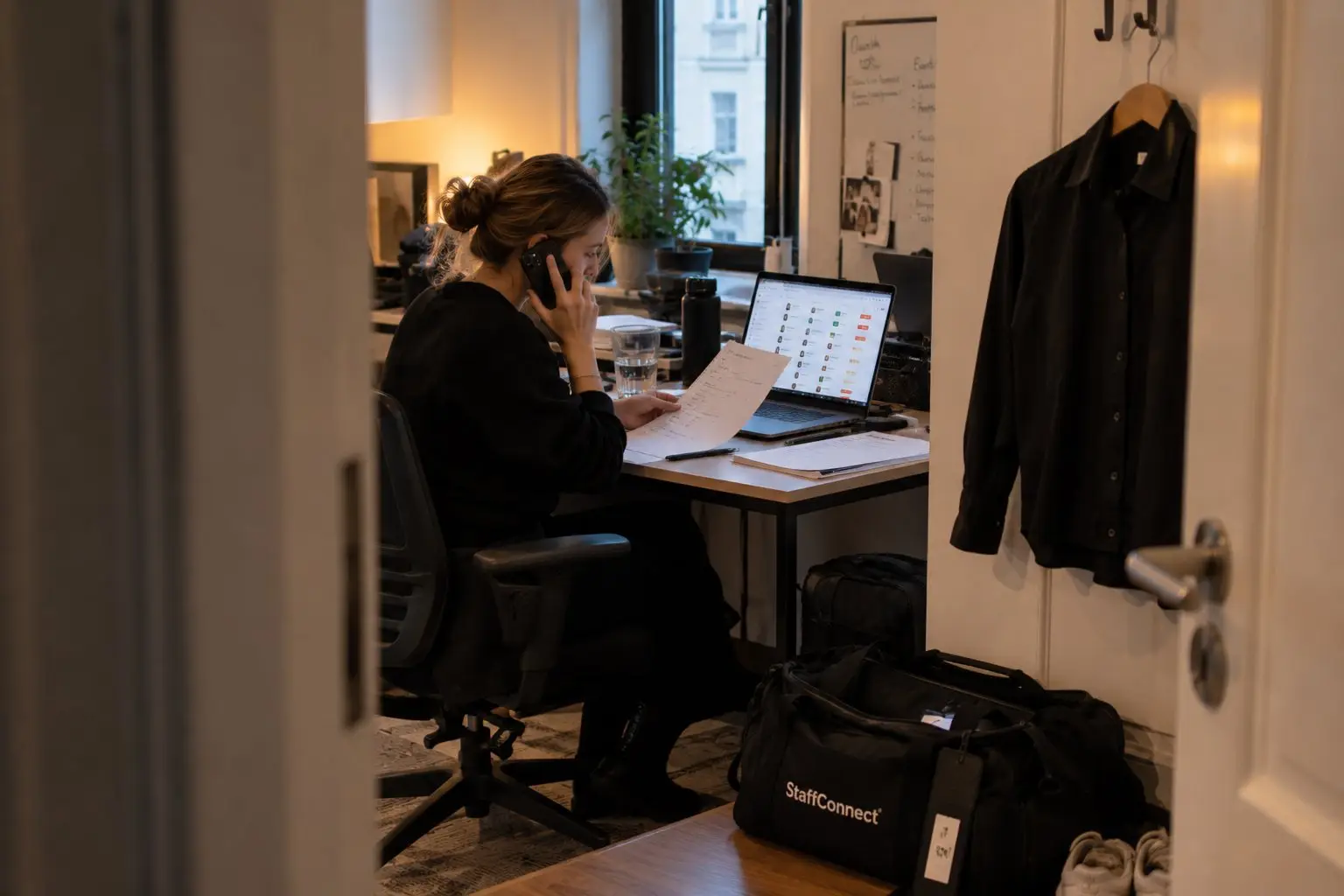 Disponentin telefoniert im StaffConnect-Büro mit der Einsatzliste in der Hand, auf dem Laptop die Schichtübersicht – Absagen bearbeitet bei uns ein Mensch