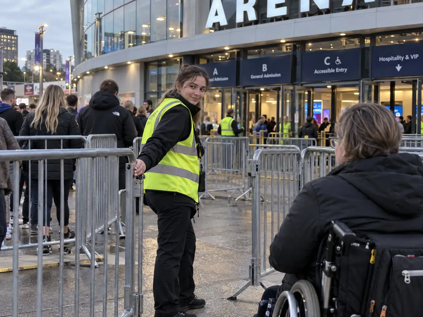 Einlasskraft in Warnweste öffnet einem Gast im Rollstuhl das Gitter zum barrierefreien Eingang einer Arena – Akkreditierungspersonal in Berlin