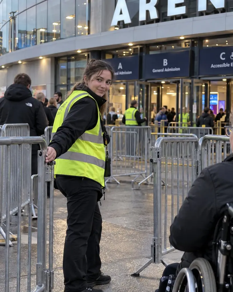 Einlasskraft in Warnweste öffnet einem Gast im Rollstuhl das Gitter zum barrierefreien Eingang einer Arena – Lead-Scanning und Badge-Ausgabe