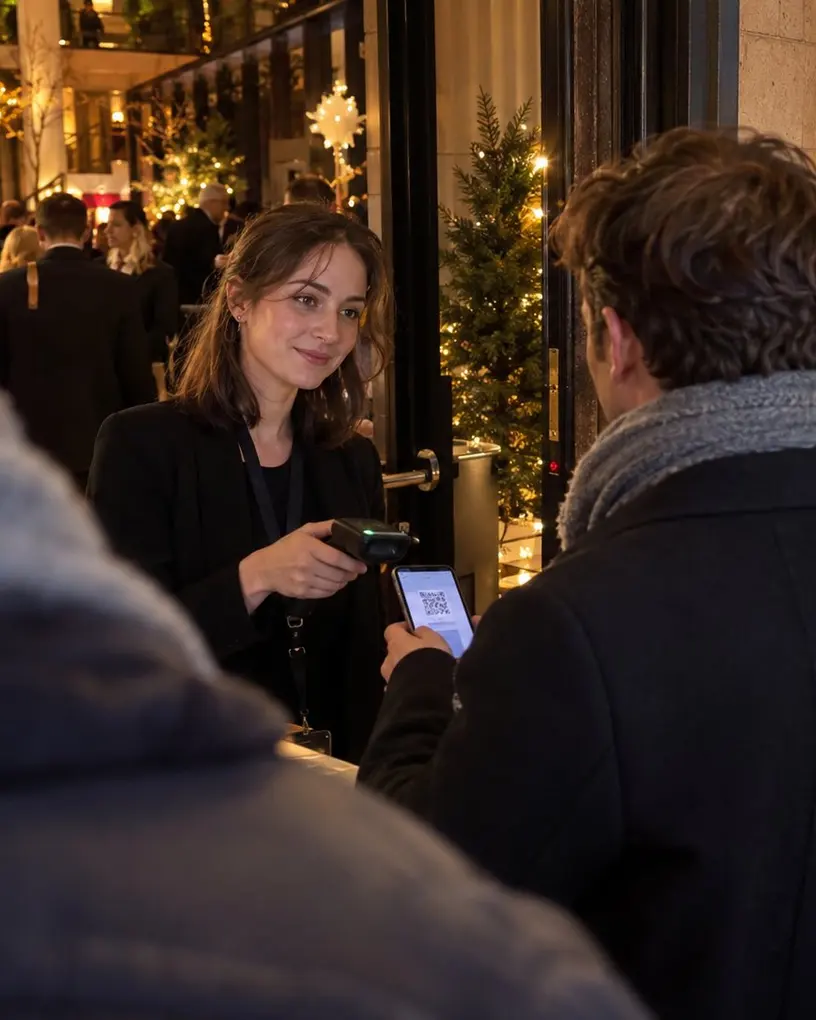 Einlasskraft scannt am weihnachtlich geschmückten Eingang den QR-Code auf dem Handy eines Gastes – Personal für das Firmenjubiläum