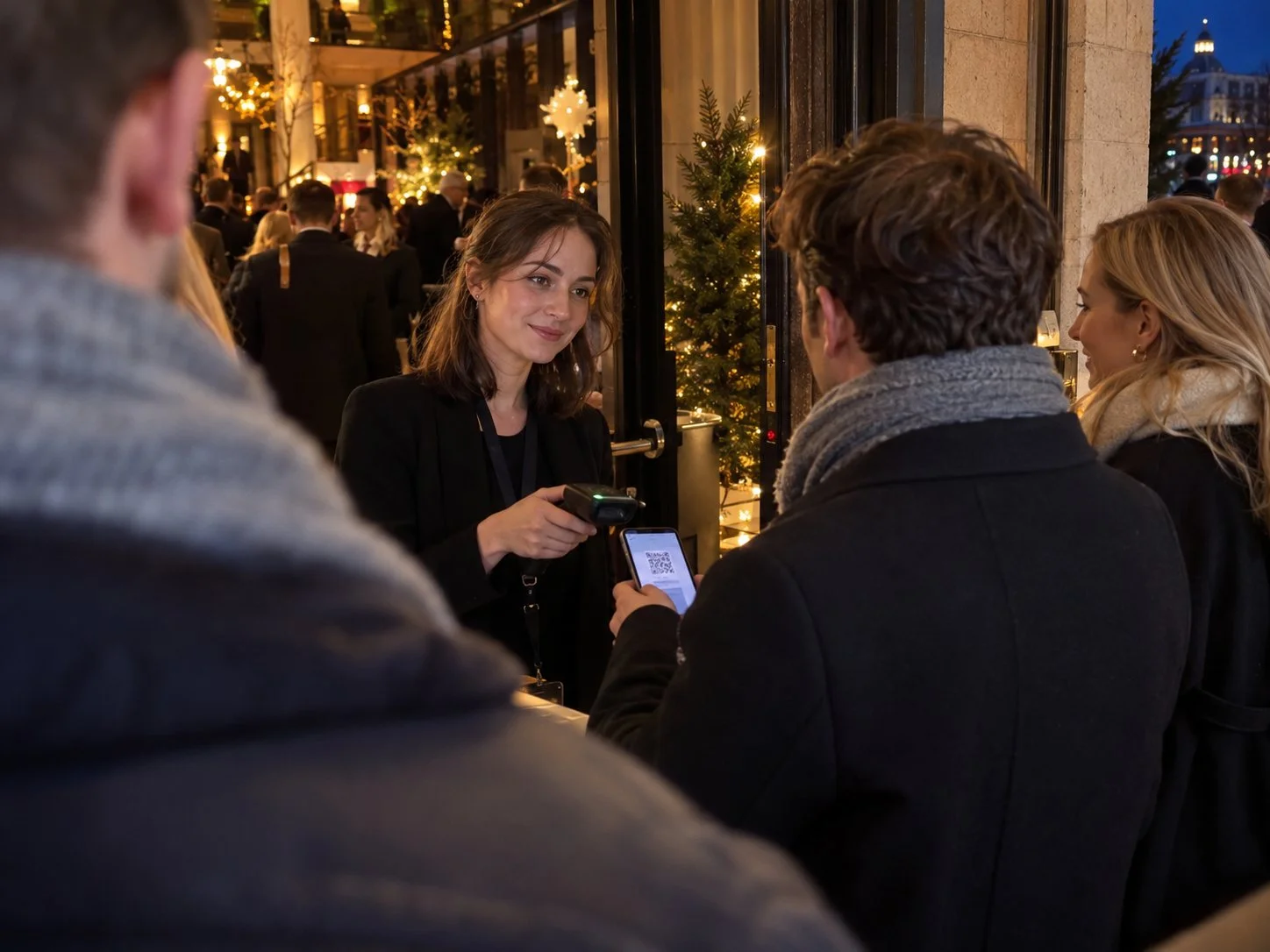 Einlasskraft scannt am Eingang den QR-Code auf dem Handy eines Gastes