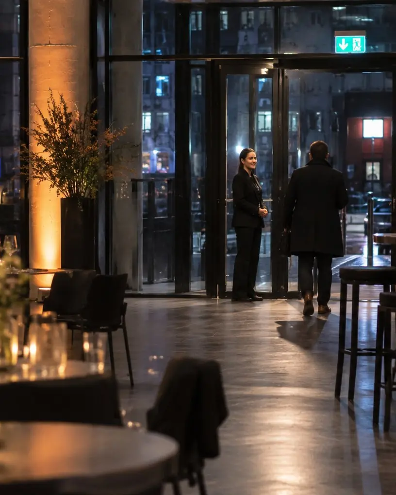 Hostess im Anzug begrüßt am gläsernen Eingang einen ankommenden Gast, vorn die eingedeckten Tische im Kerzenlicht – Personal für die Weihnachtsfeier