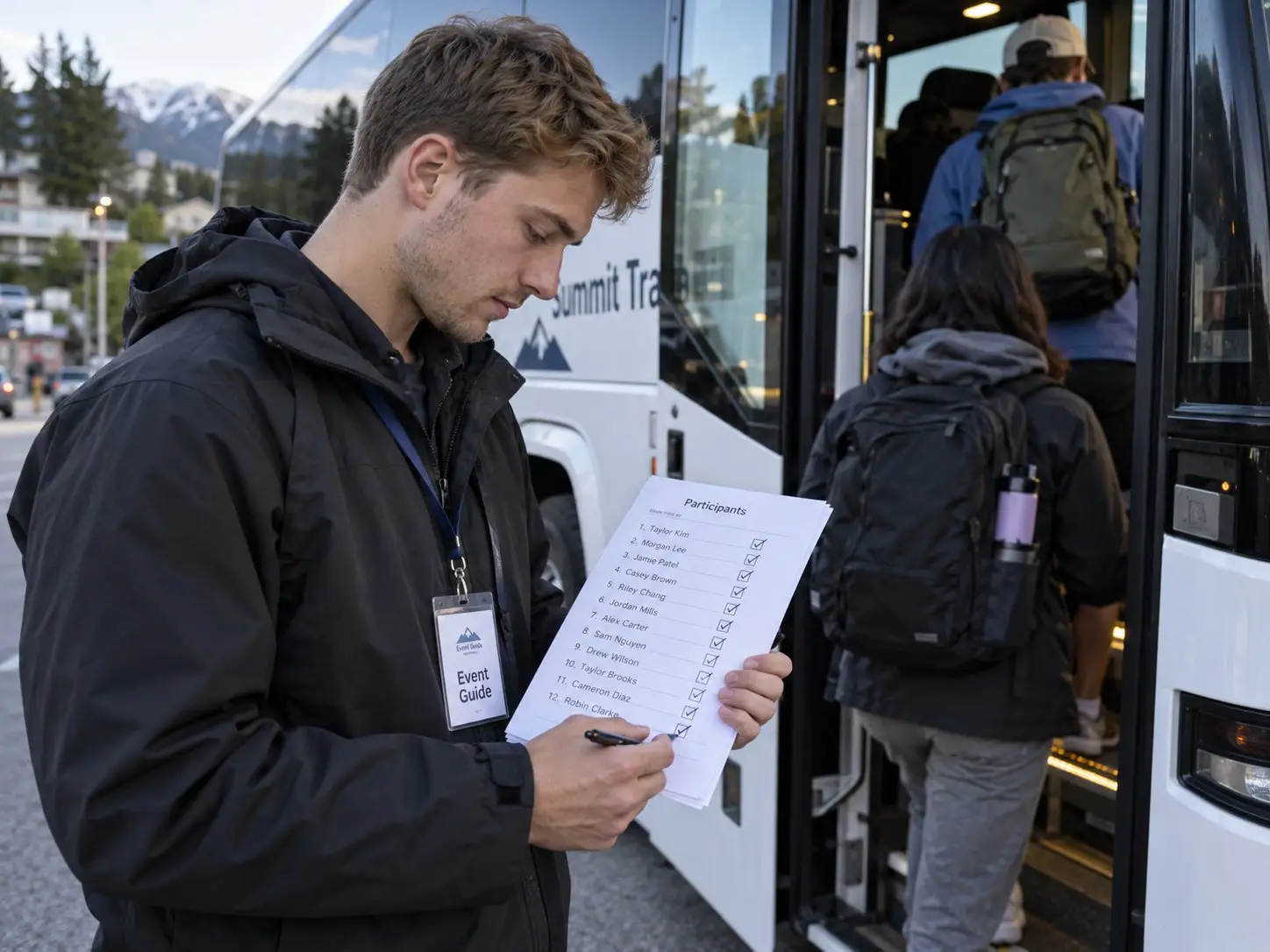 Event-Guide hakt beim Einsteigen in den Reisebus die Namen auf der Teilnehmerliste ab – Teamer in Berlin