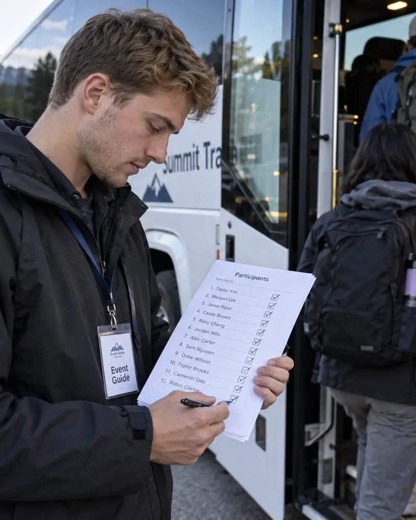 Event guide ticks off names on a participant list as a group boards a coach