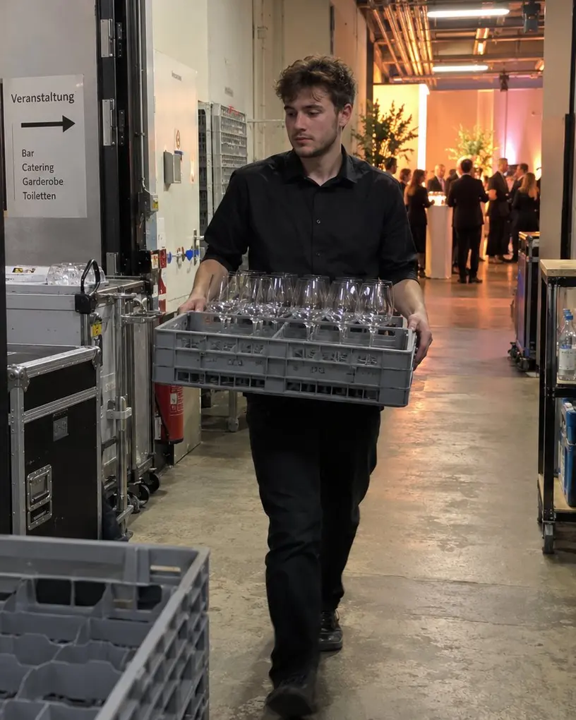 Crew member carries a crate of glasses along a backstage corridor