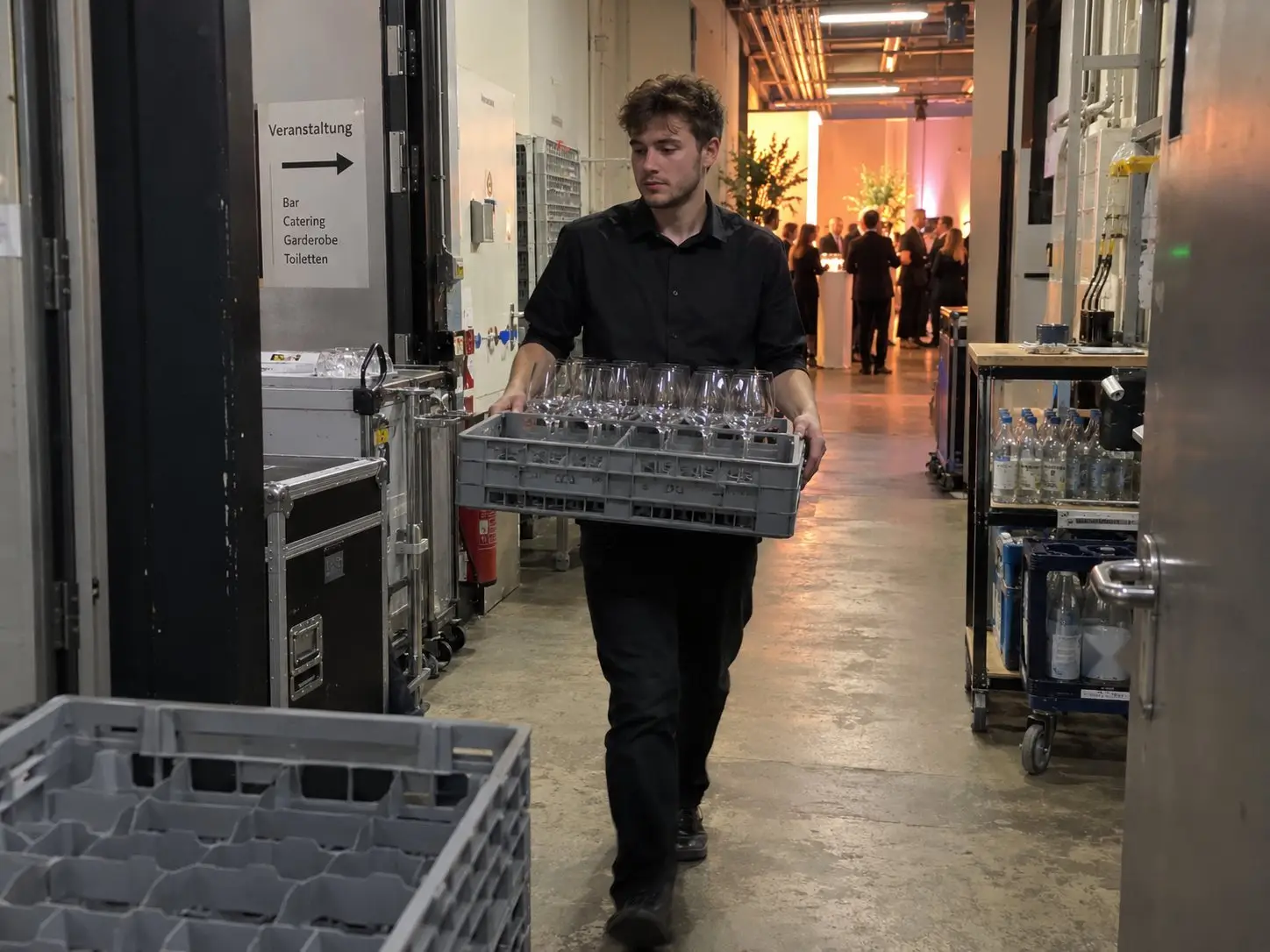 Eventhelfer trägt einen Korb mit Gläsern durch den Versorgungsgang hinter einer Abendveranstaltung – Set-Runner in Berlin