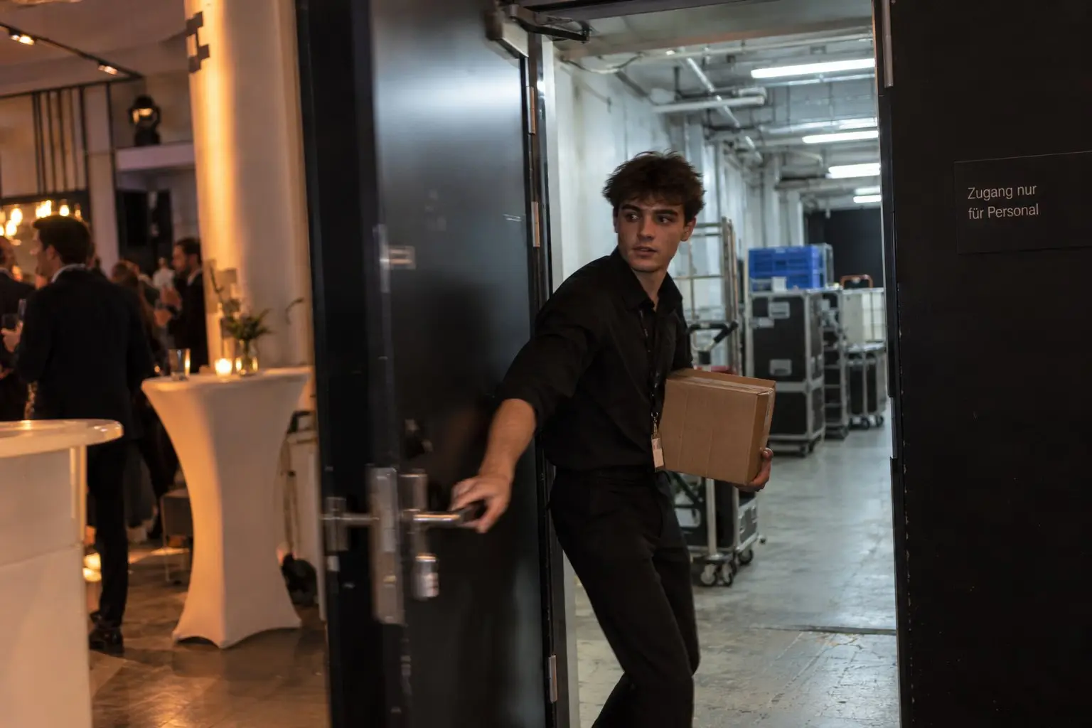 Eventhelfer trägt einen Karton durch die Tür „Zugang nur für Personal“ vom Backstage-Gang zurück in den Empfang – Ersatzkraft springt kurzfristig ein