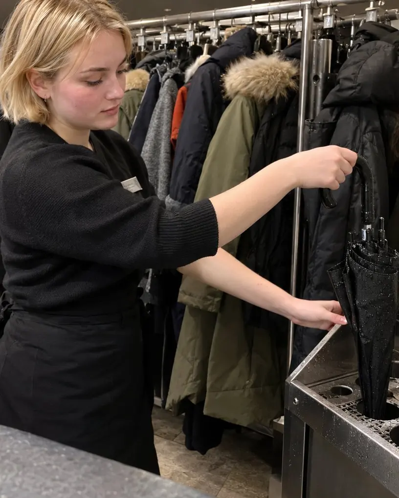 Garderobenkraft stellt den nassen Regenschirm eines Gastes in den Schirmständer der Garderobe – Garderobenservice in Berlin