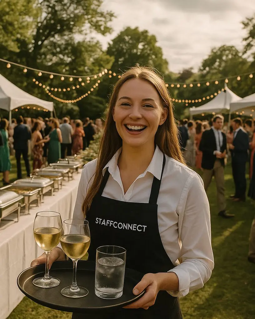 Servicekraft mit StaffConnect-Schürze trägt bei einer Gartenfeier ein Tablett mit Weingläsern, dahinter Buffet und Zelte unter Lichterketten