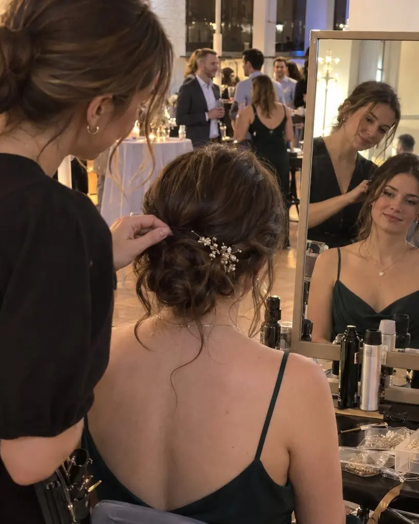 Hairstylistin steckt einer Gästin an der Styling-Station einer Gala die Hochsteckfrisur fest, im Spiegel das Ergebnis – Hochzeitsfriseur und Hairstylistin in Berlin
