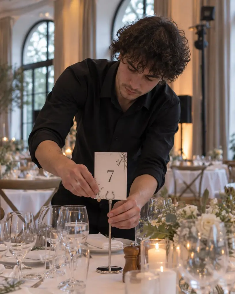 Servicekraft stellt beim Eindecken einer Hochzeitstafel die Tischnummer zwischen Kerzen und Gläser – Servicepersonal für die Hochzeit
