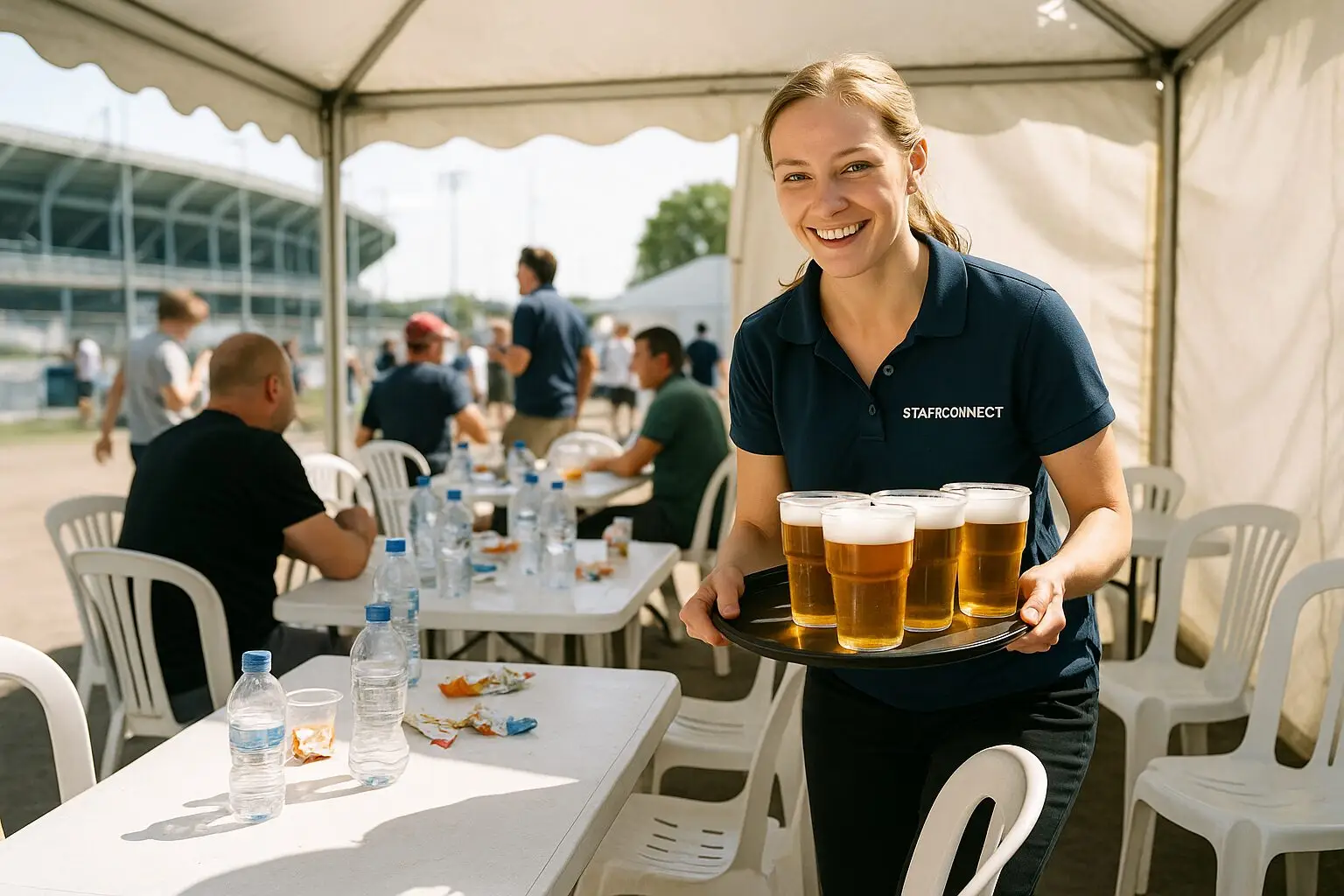Servicekraft im StaffConnect-Poloshirt trägt im Hospitality-Zelt ein Tablett mit Bier zu den Gästen