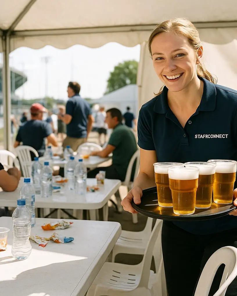 Servicekraft im StaffConnect-Poloshirt trägt im Hospitality-Zelt ein Tablett mit Bier zu den Gästen