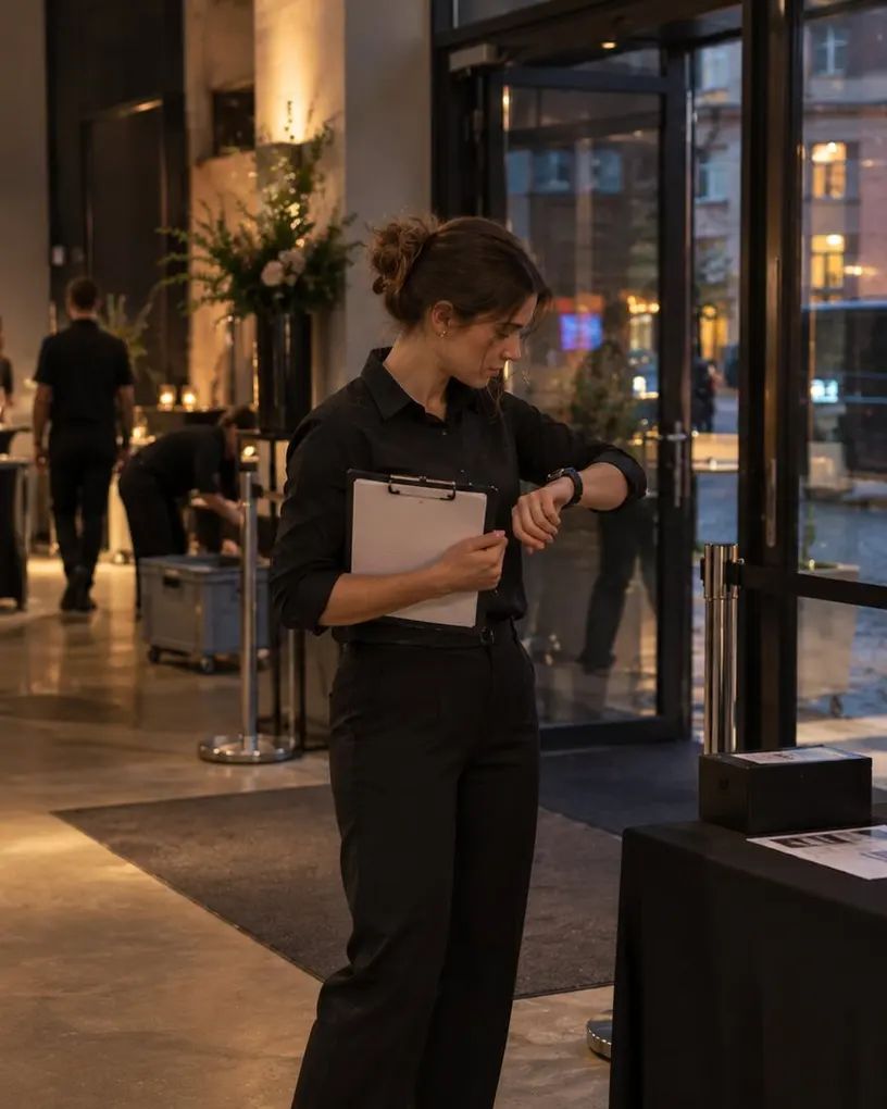 Hostess with a clipboard checks her watch at an entrance while colleagues set up cocktail tables behind her