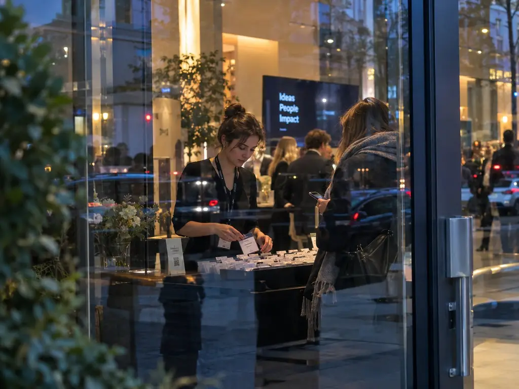 Hostess sucht am Empfangstresen hinter der Glasfront das Namensschild für einen ankommenden Gast heraus