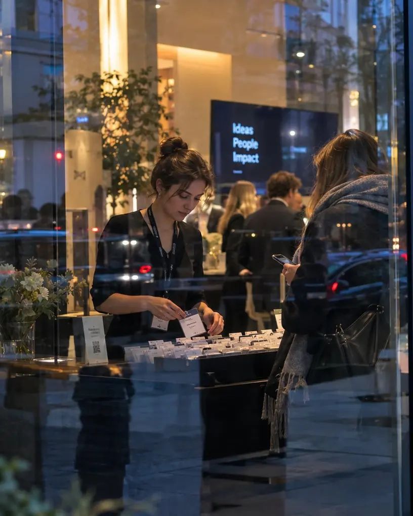 Hostess sucht am Empfangstresen hinter der Glasfront das Namensschild für einen ankommenden Gast heraus – Akkreditierungspersonal in Berlin