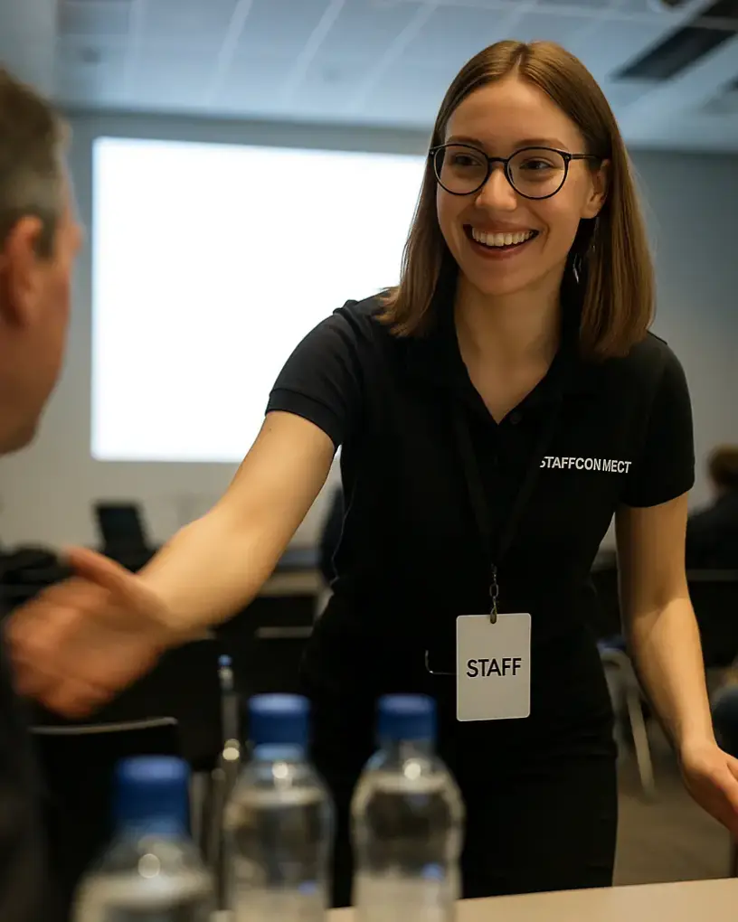 Hostess mit Staff-Ausweis begrüßt bei einer Präsentation einen Gast mit Handschlag