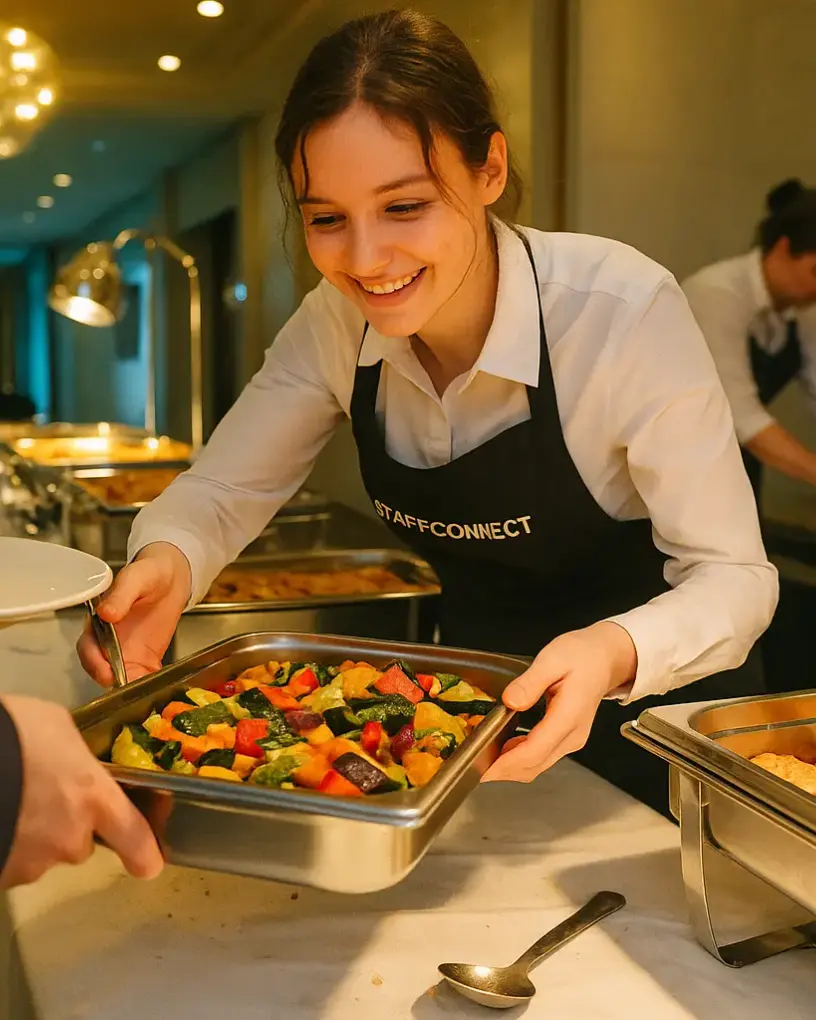 Servicekraft mit StaffConnect-Schürze reicht am Hotelbuffet einer Gala eine Platte mit Ofengemüse