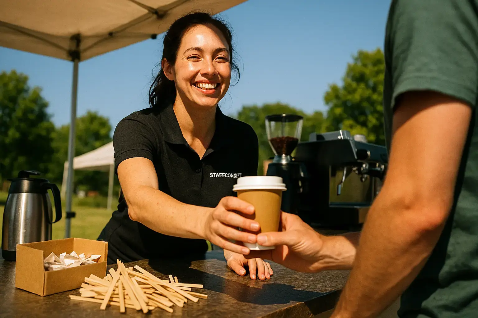 Barista handing a cup across the counter at an outdoor coffee station