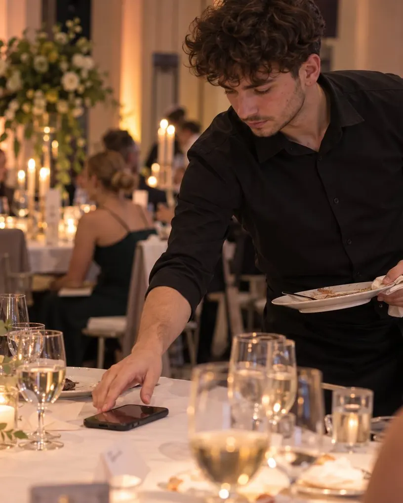 Kellner räumt bei einem Gala-Dinner im Kerzenlicht die Teller von der Tafel ab – Personal für das Firmenjubiläum
