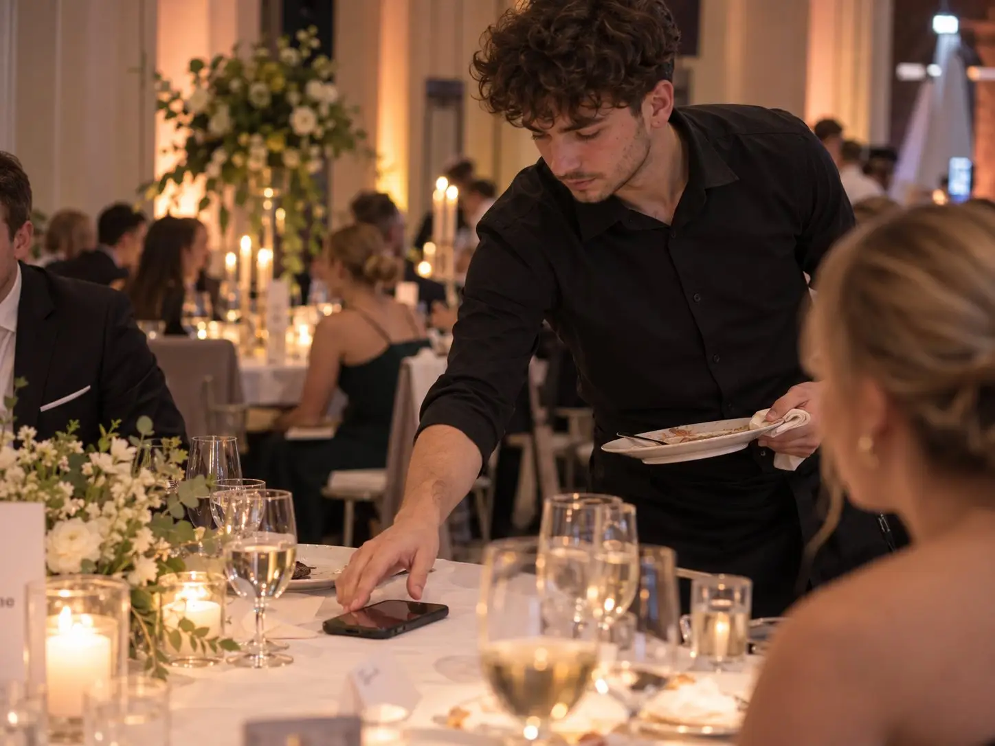 Waiter clears plates from a candlelit gala dinner table