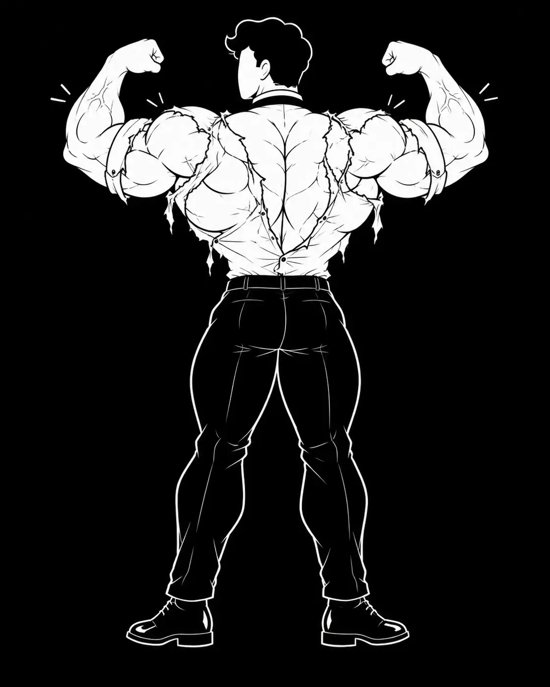 Cartoon: muscular waiter seen from behind, flexing both biceps, his shirt tearing across the back