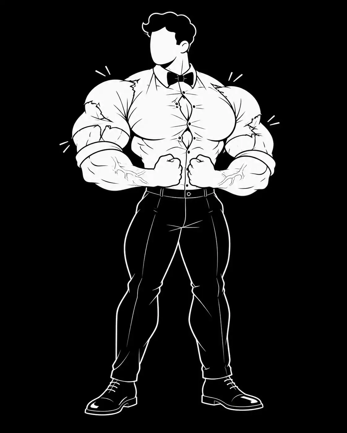 Cartoon: waiter in a bow tie, so muscular that his shirt is bursting at the seams
