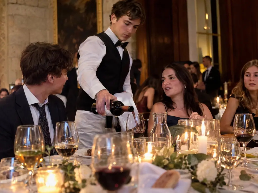 Kellner mit Weste und Fliege schenkt beim Galadinner im historischen Saal Rotwein nach