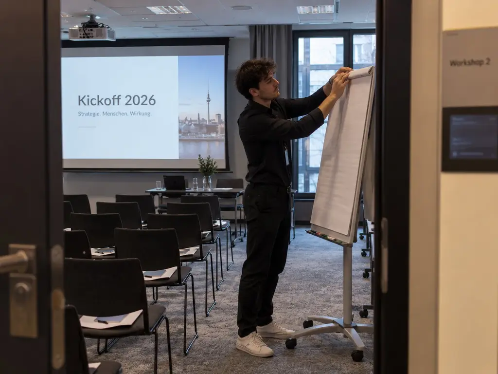 Servicekraft bereitet im Workshop-Raum einer Kick-off-Tagung das Flipchart vor – Personal für Business Events in Berlin