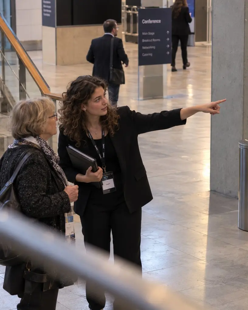 Host shows a conference guest the way to the lift