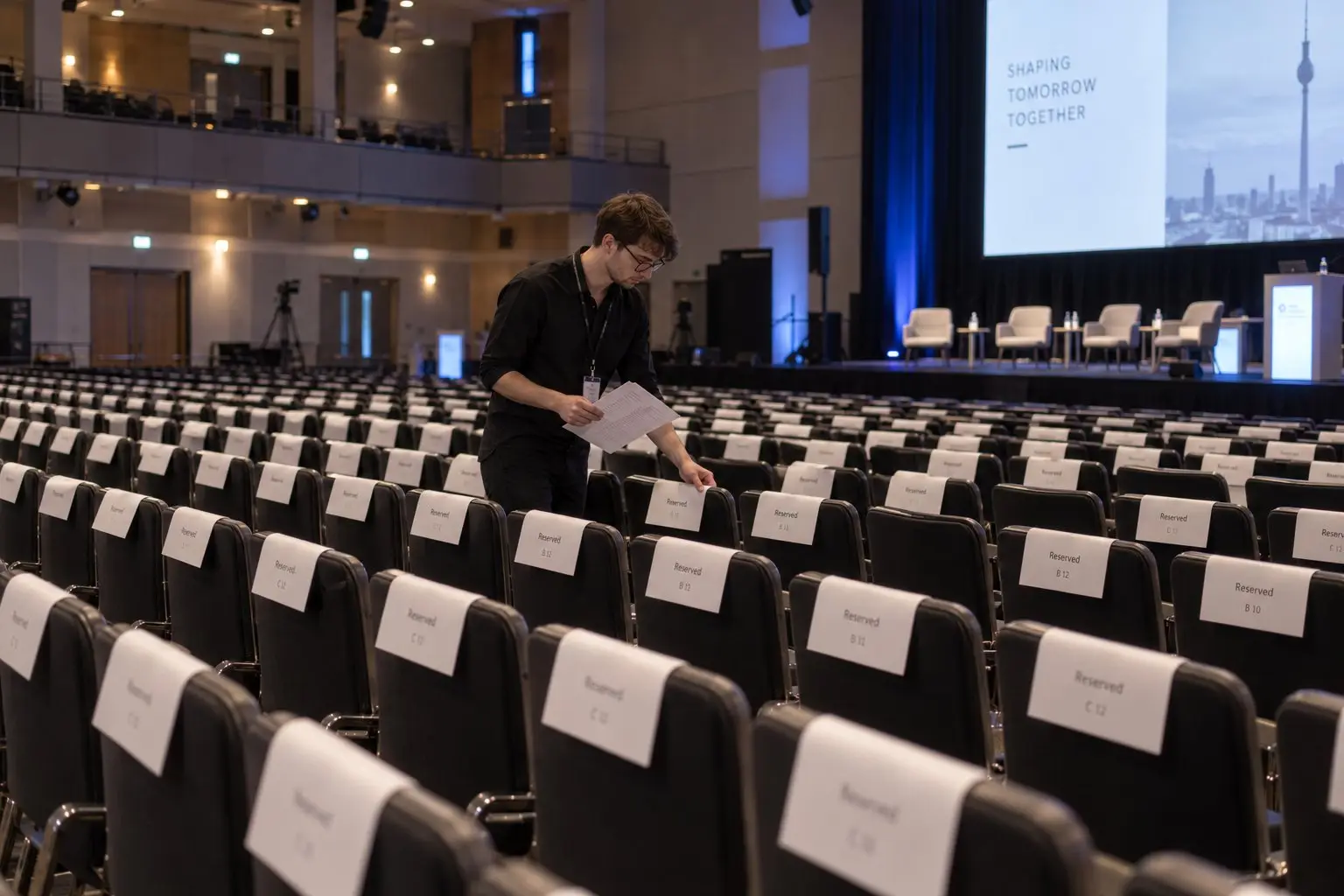 Kongresshelfer verteilt in einem Plenarsaal Reserviert-Schilder auf die Sitzreihen