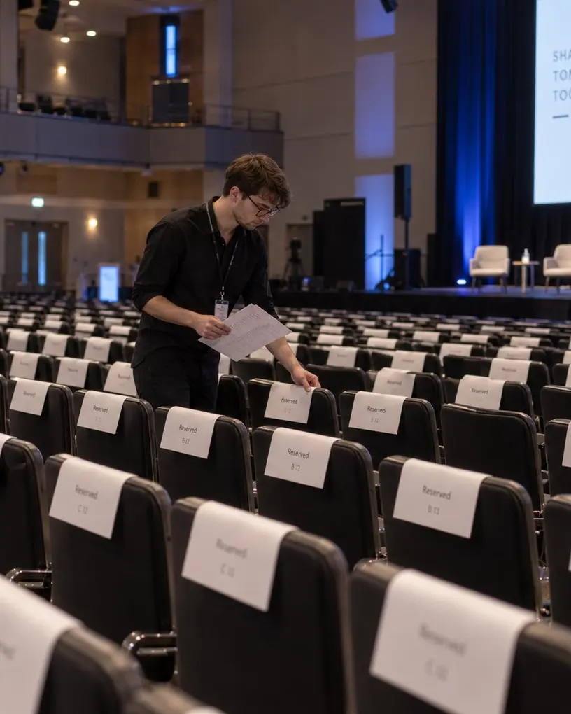 Reserved signs on the front rows of a plenary hall