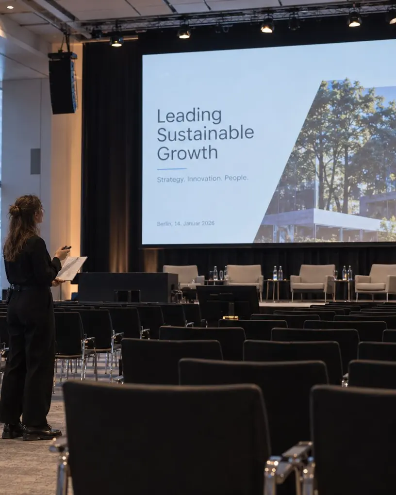 Room host checks the hall before a conference session begins