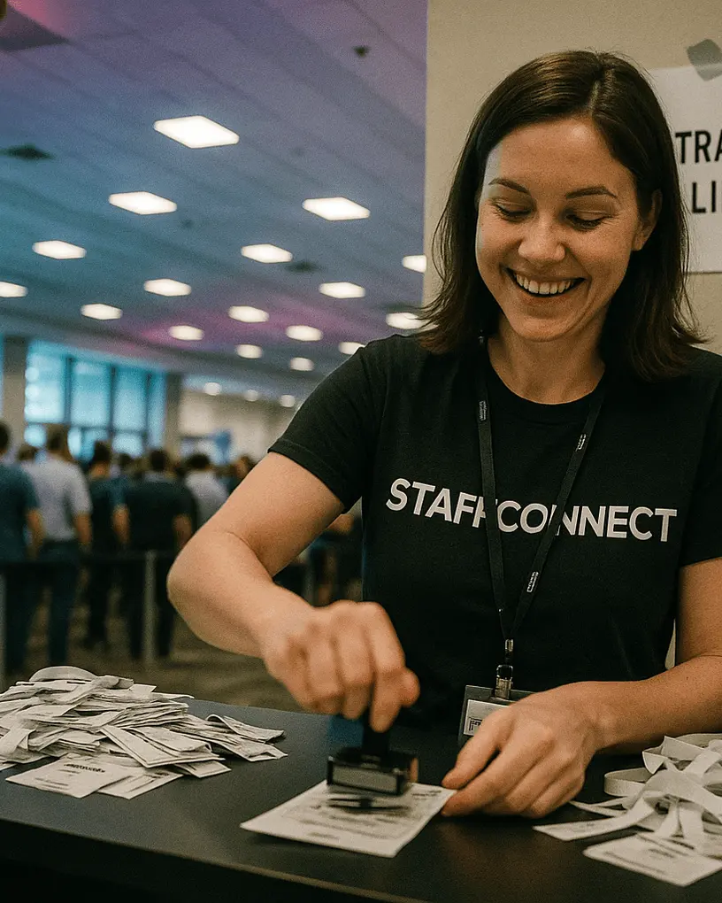 Einlasskraft im StaffConnect-Shirt gibt am Messeeingang Bändchen aus, dahinter die Warteschlange