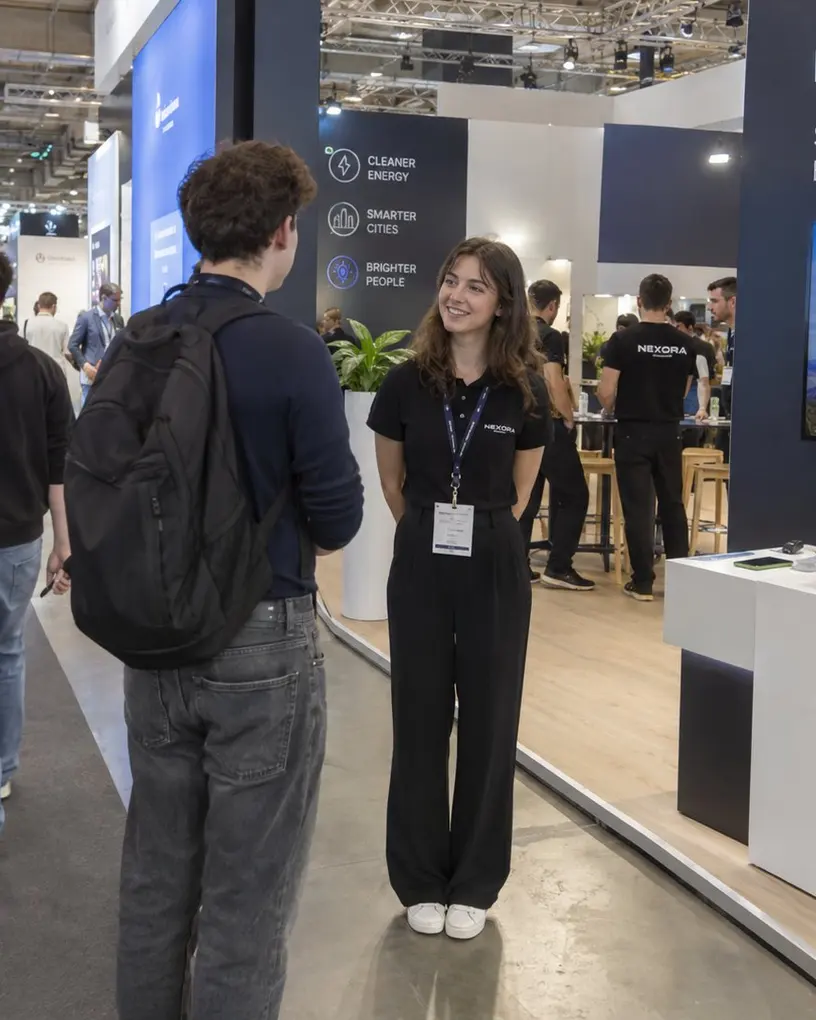 Standhostess spricht am Messestand mit einem Besucher, im Gang strömen Fachbesucher vorbei – Messehostessen in Berlin