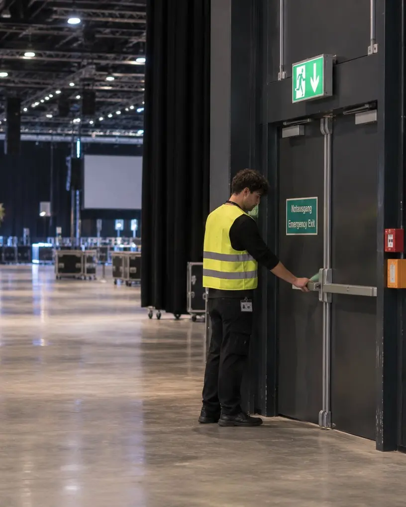 Ordner in Warnweste prüft vor Einlassbeginn einen Notausgang in der Messehalle – Kongresspersonal in Berlin